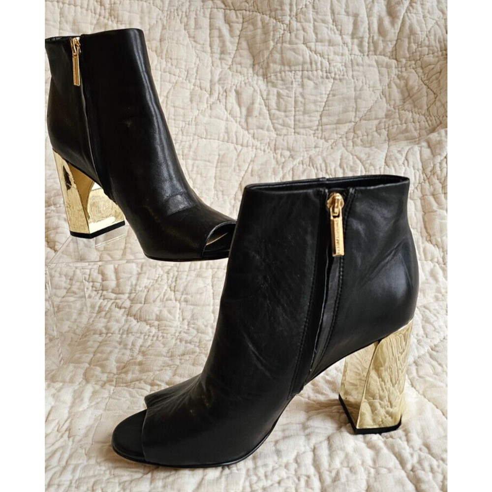 Karl Lagerfeld Paris Black Leather Metallic GOLD‎ heel & Logo Boots Booties 6.5M